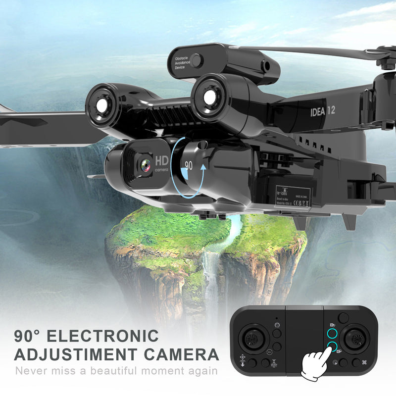 IDEA12 Drone with Adjustable Camera 1080P HD with Optical Flow Positioning for Beginners and Adults, FPV RC Drone Quadcopter with 360° Active Obstacle Avoidance, Dual Cameras, 2 Batteries